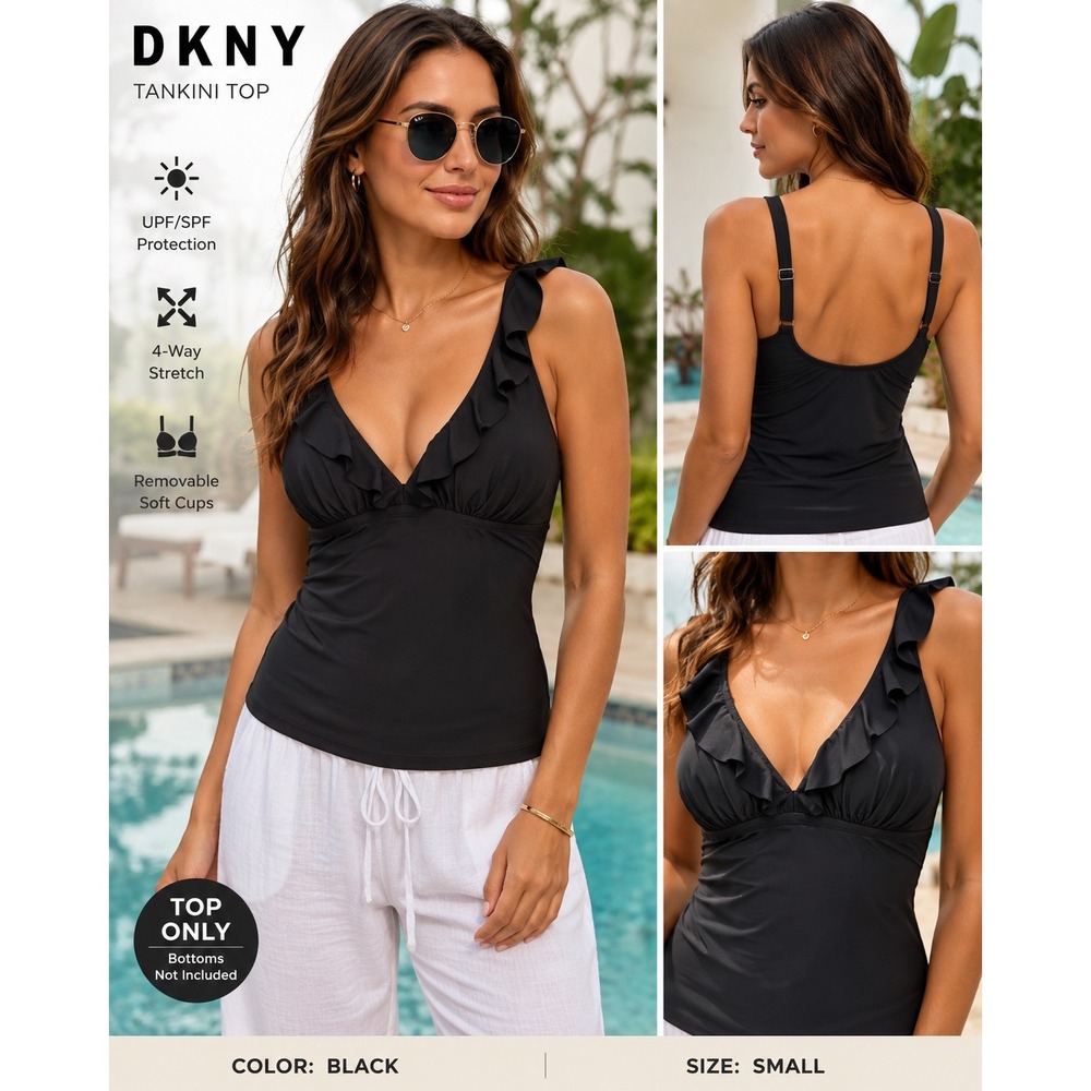 DKNY Women Small Black Ruffle Tankini Swim Top NWT 4-Way Stretch Soft Cup